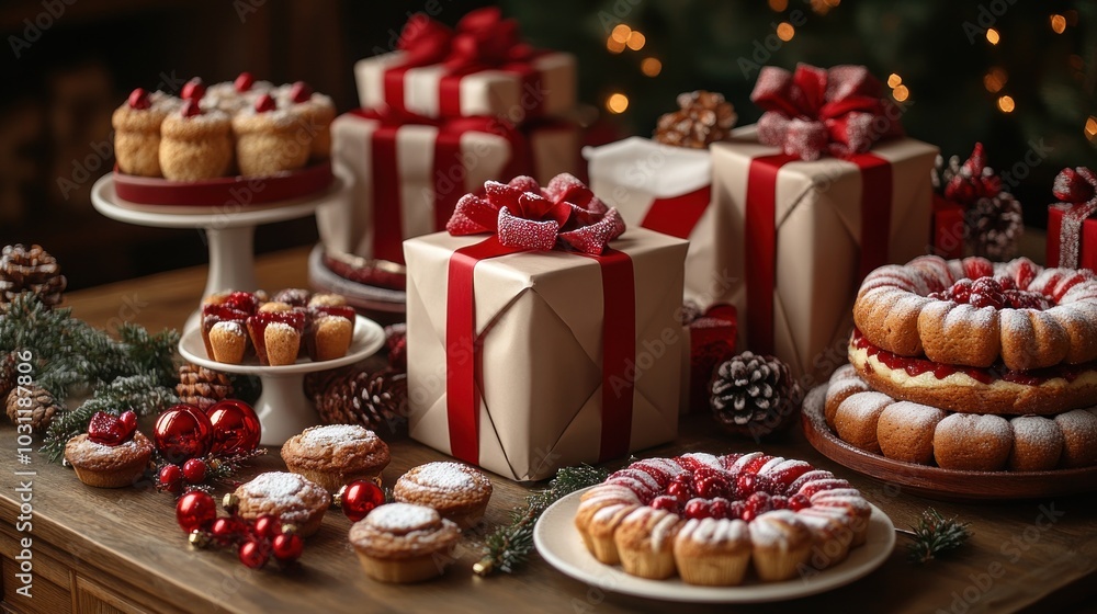 Festive display of holiday treats and beautifully wrapped gifts. Festive display of holiday treats and beautifully wrapped gifts.