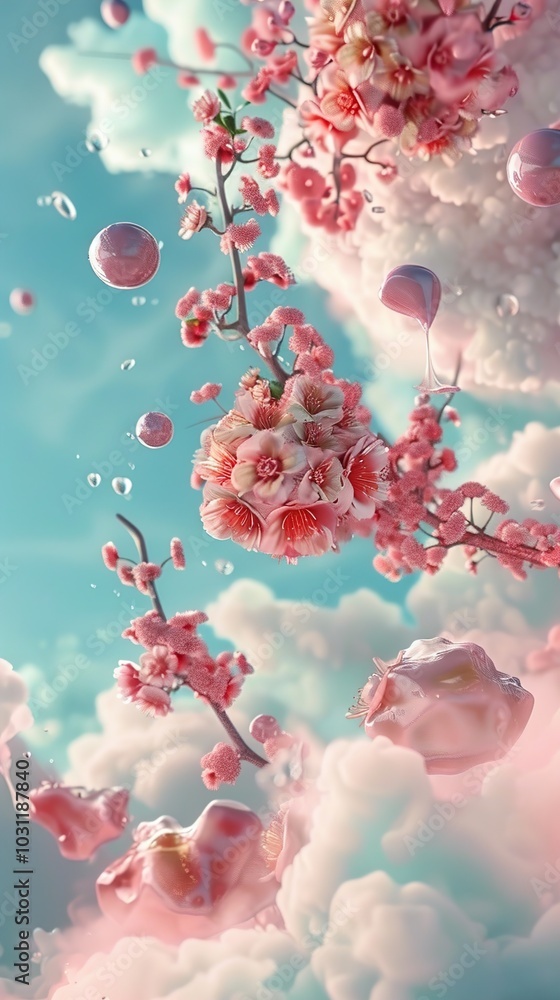 Dreamy Pink Cherry Blossoms in a Surreal Sky Dreamy Pink Cherry Blossoms in a Surreal Sky