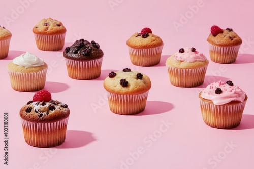 yummy sweet tasty muffin cakes on simple mono color background - generative ai