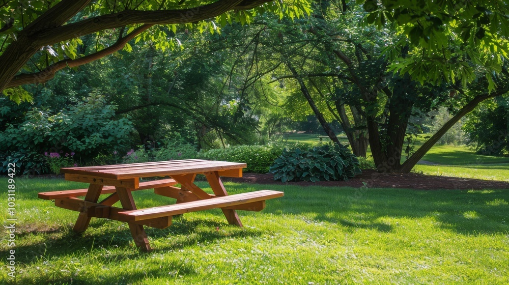 A wooden picnic table sits under a tree in a grassy park. The perfect spot for a relaxing lunch. A wooden picnic table sits under a tree in a grassy park. The perfect spot for a relaxing lunch.