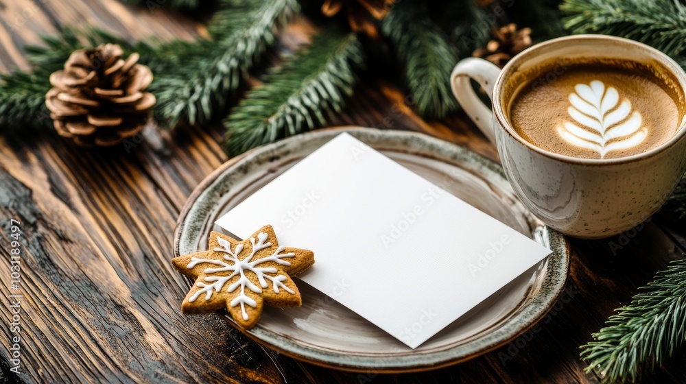 A blank white card on a ceramic plate next to a cup of coffee, decorated with pine branches and a festive cookie for a cozy winter setting A blank white card on a ceramic plate next to a cup of coffee, decorated with pine branches and a festive cookie for a cozy winter setting
