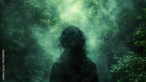 Enchanted Forest: Woman Silhouette in a Mystical Green Landscape