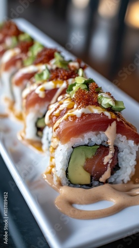 Colorful sushi rolls with avocado - vibrant food photography for culinary inspiration