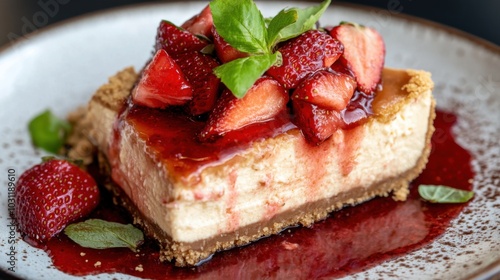 Creamy baked cheesecake with fresh strawberries for spring culinary delights