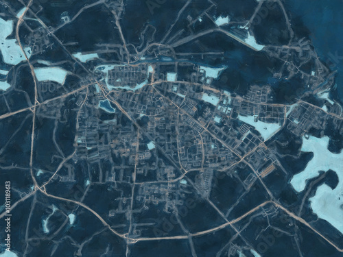 Painterly Style City Map of Greifswald, Germany in a Blue Color Scheme.