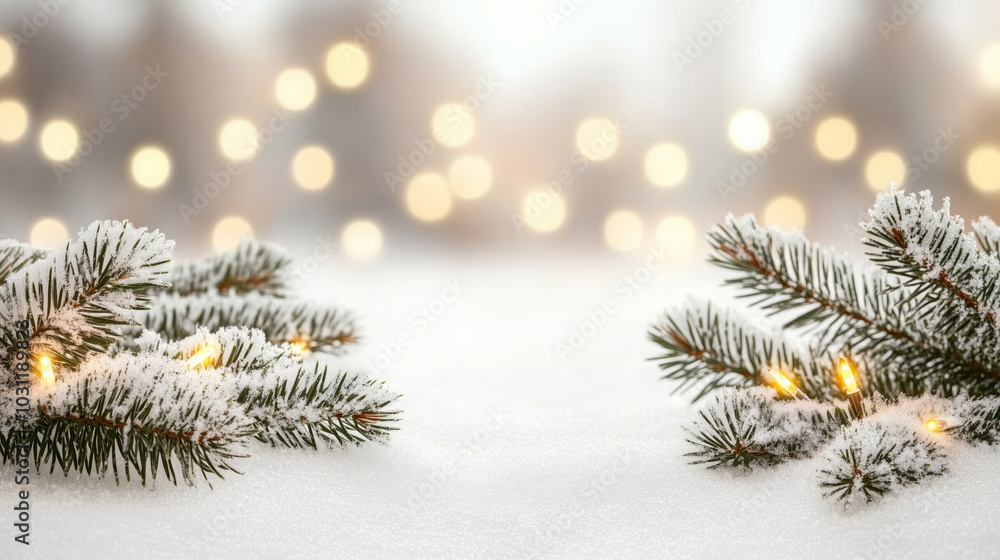 Obraz premium Winter background with fir branches with galnads and snowflakes in beautiful light.