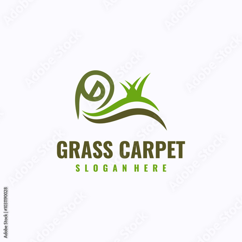 Grass carpet logo design template. Artificial green grass carpet service concept. Creative vector symbol.