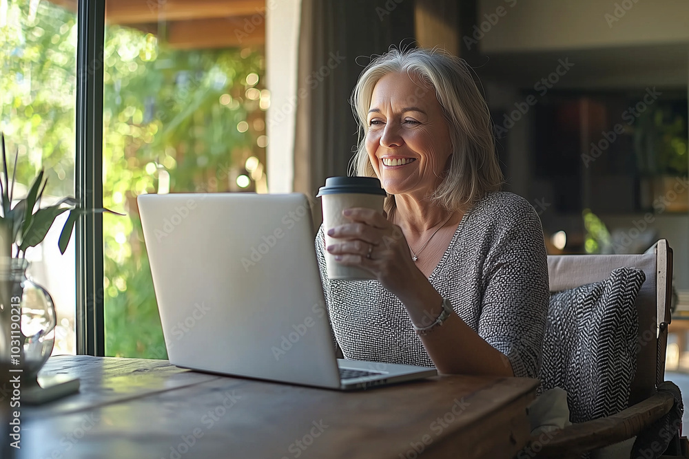 Smiling Woman Working on Laptop at Home Smiling Woman Working on Laptop at Home