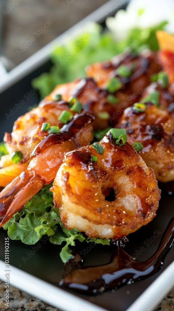 Culinary delight: crispy tempura shrimp garnished with fresh greens Culinary delight: crispy tempura shrimp garnished with fresh greens