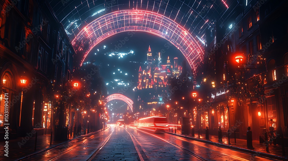 Obraz premium A futuristic city street at night with a glowing archway and a cityscape in the background.