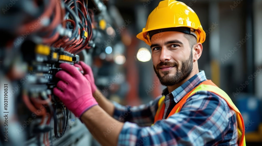 portrait of a electrician in a helmet, electrician engineer with yellow helmet at the workstation, electrician worker doing a work portrait of a electrician in a helmet, electrician engineer with yellow helmet at the workstation, electrician worker doing a work