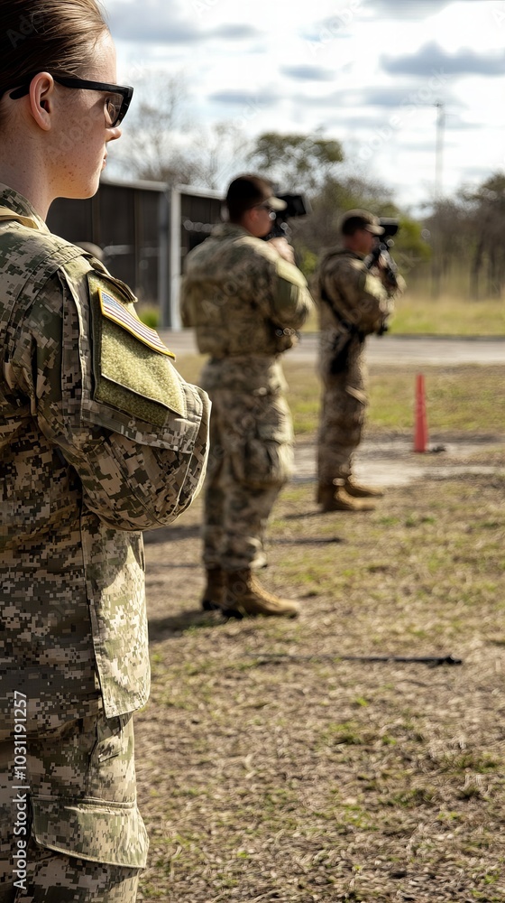 Fototapeta premium Female soldier wearing sunglasses standing in line with military unit outdoors