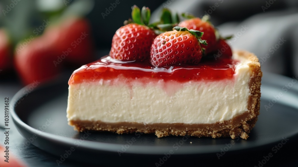 Delicious creamy baked cheesecake with strawberry topping for culinary marketing Delicious creamy baked cheesecake with strawberry topping for culinary marketing