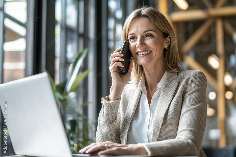 Smiling Businesswoman Talking on Phone at Desk