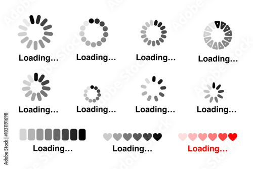 A variety of black and white circular and bar-style loading icons, showcasing different loading animations and progress bars commonly used in websites.