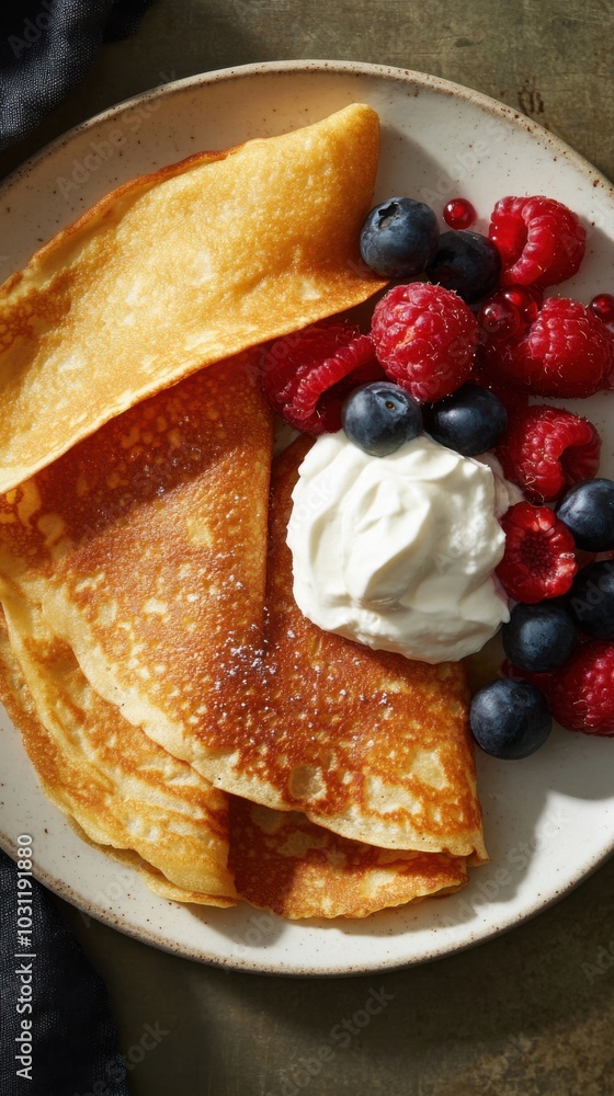 Delicious golden crepes with fresh berries and cream for culinary inspiration Delicious golden crepes with fresh berries and cream for culinary inspiration