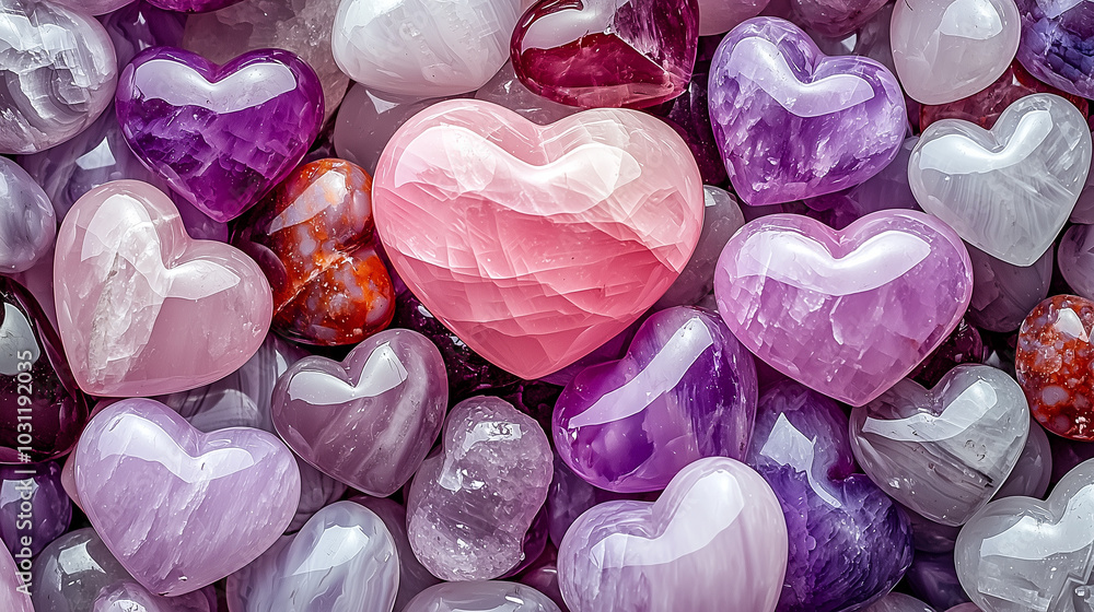 Pile of Polished Gemstone Hearts, Symbol of Love, Valentine's Day Pile of Polished Gemstone Hearts, Symbol of Love, Valentine's Day