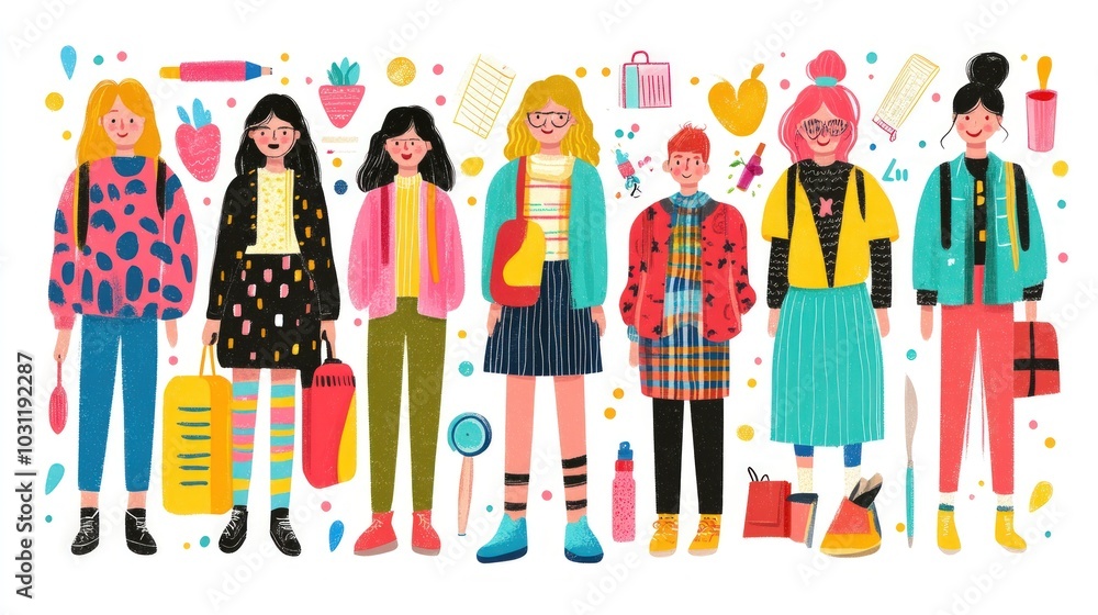 Diverse group of stylish students with backpacks and accessories. Diverse group of stylish students with backpacks and accessories.