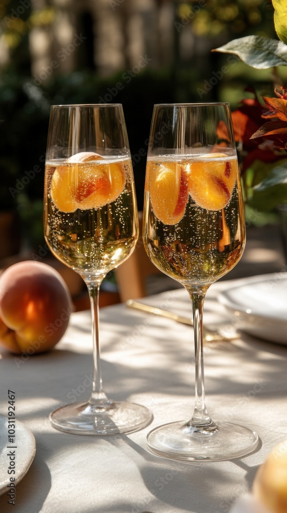 Elegant outdoor table setting with sparkling bellinis for spring brunch Elegant outdoor table setting with sparkling bellinis for spring brunch