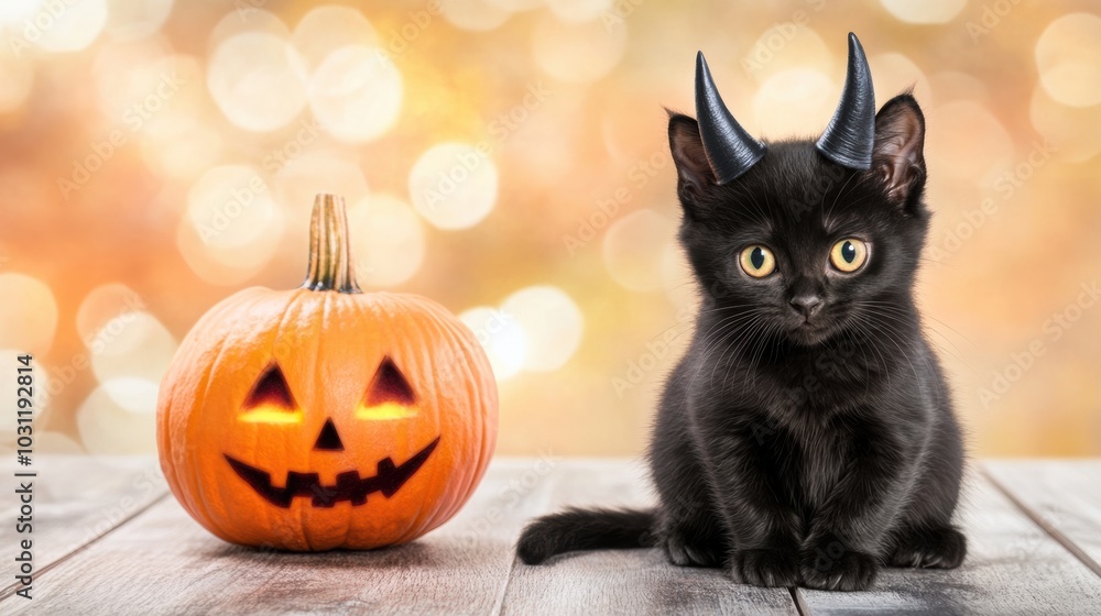 Black kitten with devil horns sits beside a carved pumpkin on a wooden table, AI Black kitten with devil horns sits beside a carved pumpkin on a wooden table, AI