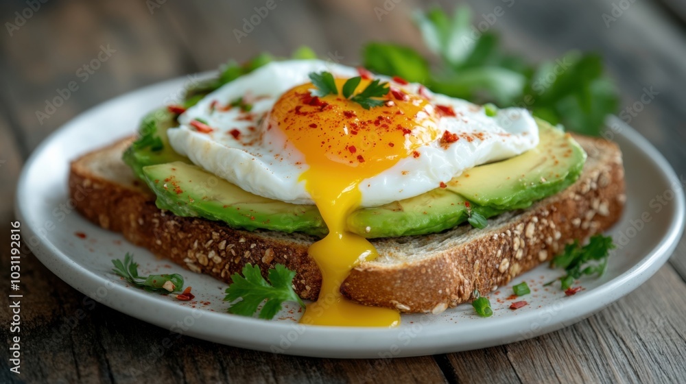 Fresh avocado toast with poached egg and herbs - perfect for brunch ideas and food blogs Fresh avocado toast with poached egg and herbs - perfect for brunch ideas and food blogs