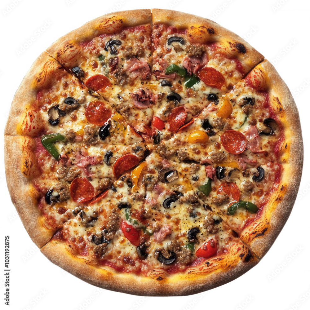 Delicious pizza topped with various cheeses, meats, and vegetables on a golden crust, perfect for lunch, dinner, or a casual snack. Delicious pizza topped with various cheeses, meats, and vegetables on a golden crust, perfect for lunch, dinner, or a casual snack.