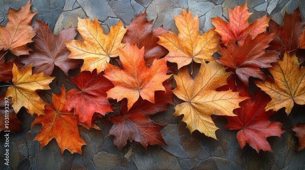 A colorful arrangement of autumn leaves on a textured surface. A colorful arrangement of autumn leaves on a textured surface.