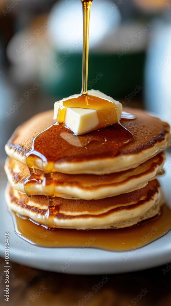 Golden pancakes with maple syrup and butter for food photography and culinary advertising Golden pancakes with maple syrup and butter for food photography and culinary advertising