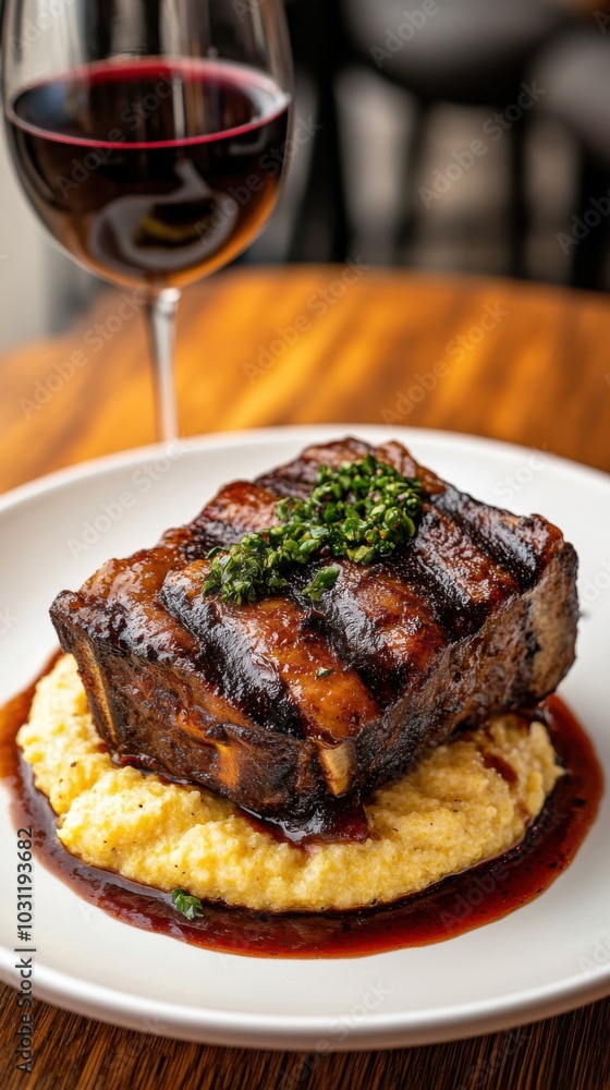 Gourmet braised short ribs on creamy polenta - culinary delight for food photography and culinary publications