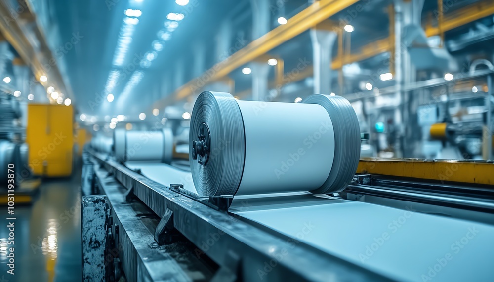 Closeup view of industrial machinery producing paperboard in a bustling factory, highlighting the intricate details of the manufacturing process Closeup view of industrial machinery producing paperboard in a bustling factory, highlighting the intricate details of the manufacturing process