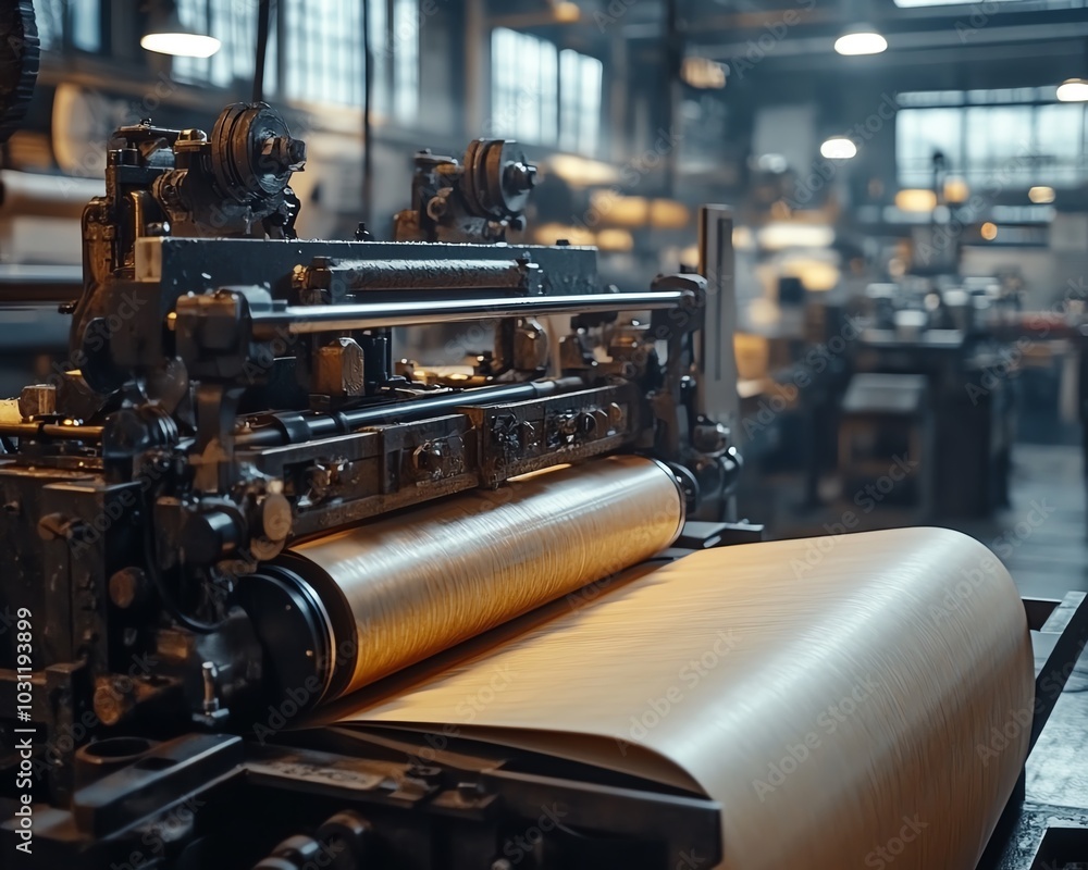 Fototapeta premium Closeup view of industrial machinery producing paperboard in a bustling factory, highlighting the intricate details of the manufacturing process