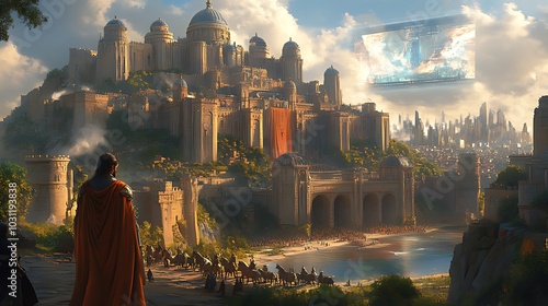 A lone figure in a red cloak stands on a hill overlooking a sprawling medieval city with a futuristic spaceship hovering in the sky.