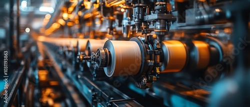 Closeup view of industrial machinery producing paperboard in a bustling factory, highlighting the intricate details of the manufacturing process