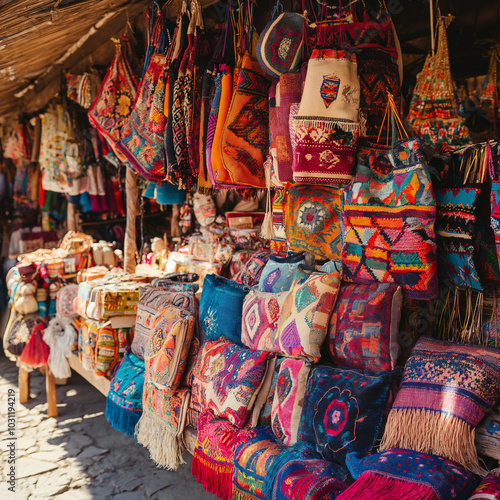 Handmade ethnic goods at a colorful market display