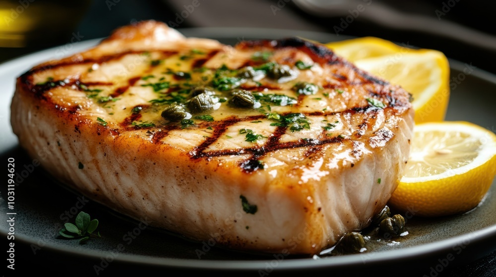 Gourmet grilled swordfish steak with lemon and capers for food photography projects Gourmet grilled swordfish steak with lemon and capers for food photography projects