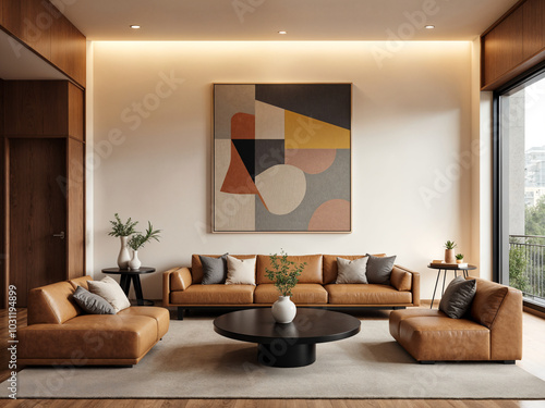 Modern Living Room with Leather Sofas and Geometric Abstract Art