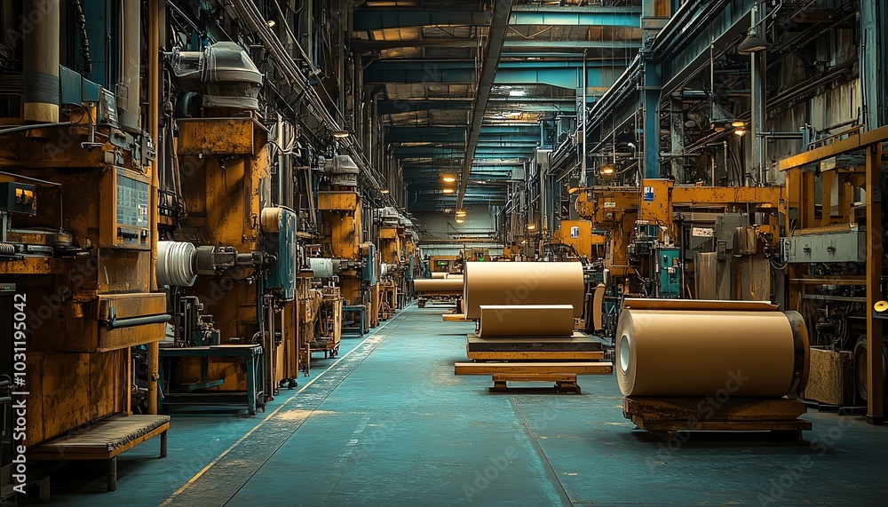 Busy factory environment with machinery dedicated to paperboard manufacturing, capturing the essence of industrial production Busy factory environment with machinery dedicated to paperboard manufacturing, capturing the essence of industrial production