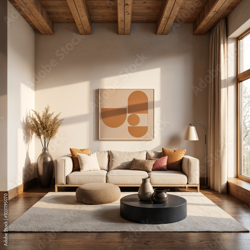Scandinavian Living Room with Neutral Sofa and Geometric Art
