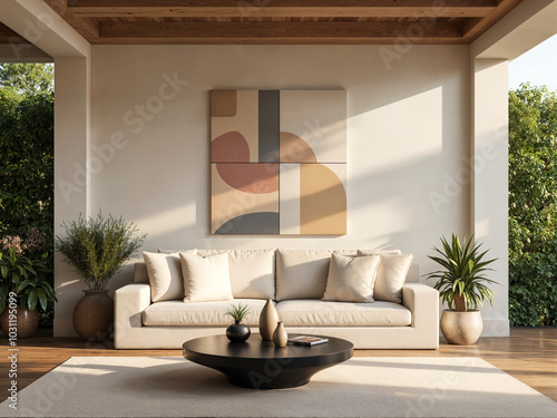 Modern Outdoor Living Space with Neutral Sofa and Geometric Art