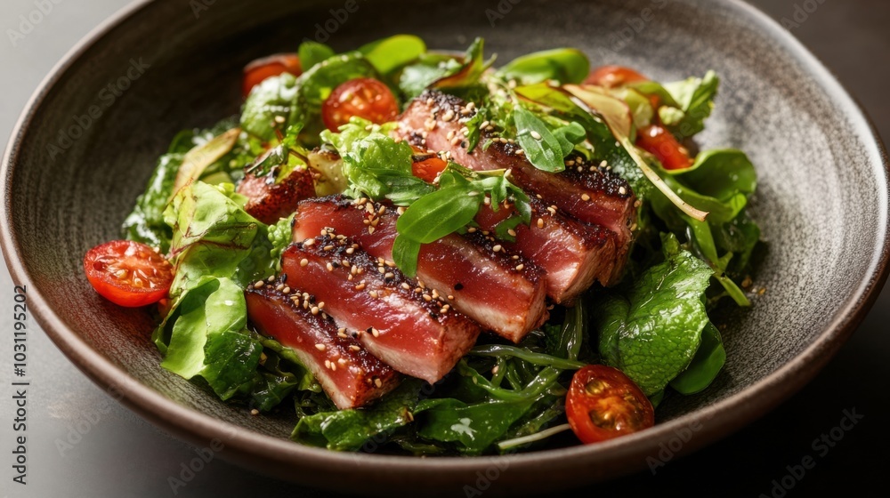 Gourmet seared ahi tuna salad with sesame and fresh greens - ideal for food photography & culinary branding