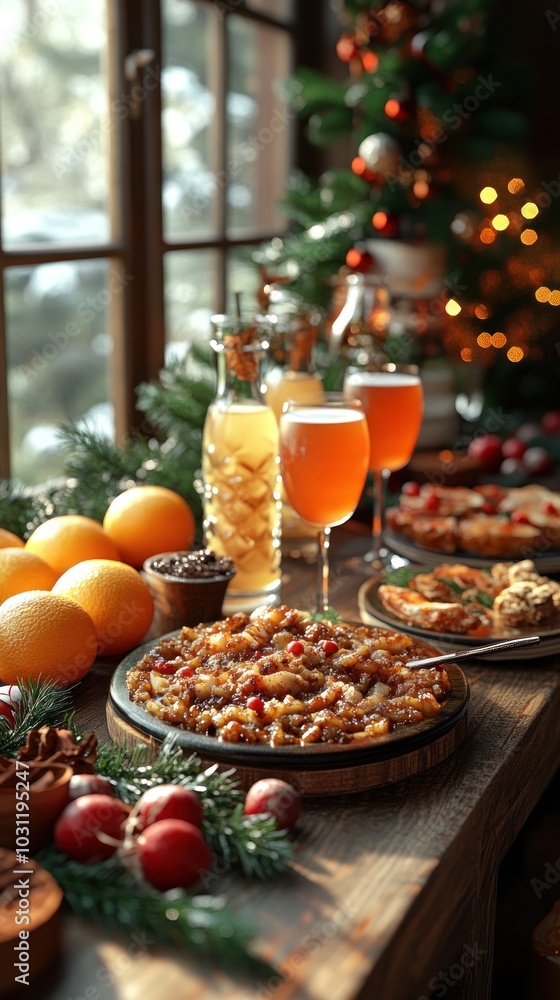 Festive table with pizza, drinks, and oranges for celebration. Festive table with pizza, drinks, and oranges for celebration.