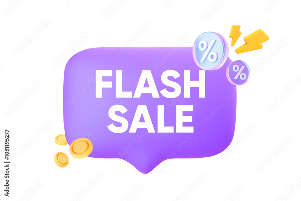 Speech bubble with the inscription Flash Sale, featuring a holographic percent sign and coins. Vector illustration. Speech bubble with the inscription Flash Sale, featuring a holographic percent sign and coins. Vector illustration.