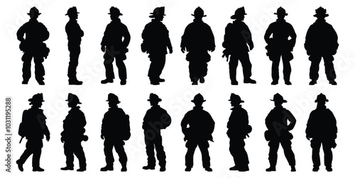 Firefighter silhouettes set, fireman pack of vector silhouette design, isolated background.