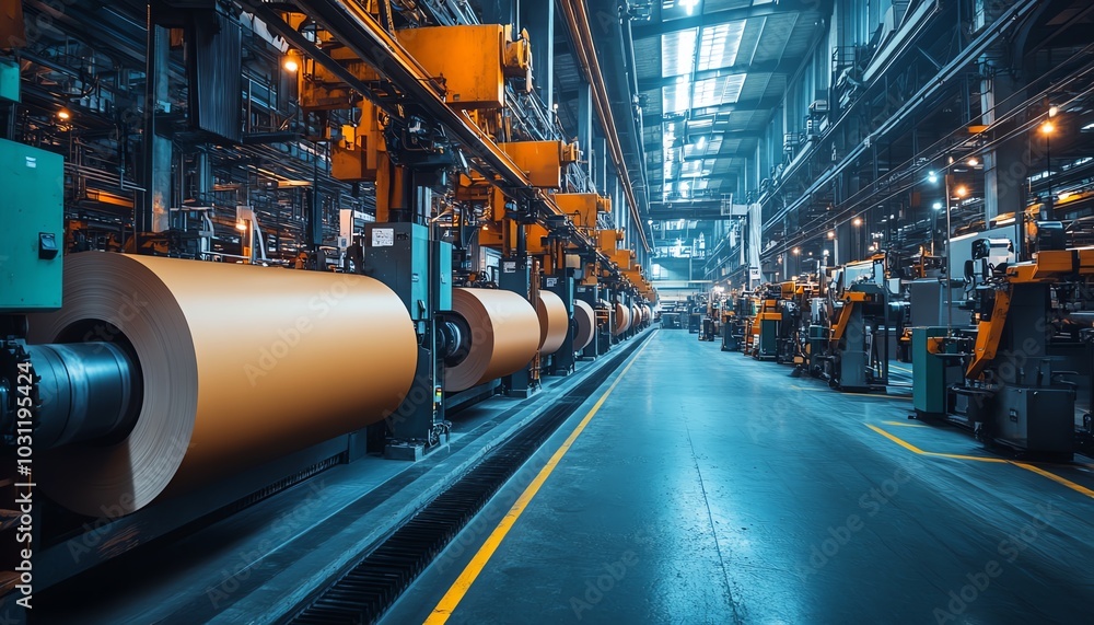 Dynamic view of a factory floor with advanced machinery producing paperboard, highlighting the innovation in manufacturing technology Dynamic view of a factory floor with advanced machinery producing paperboard, highlighting the innovation in manufacturing technology