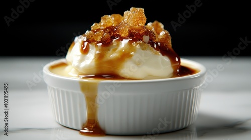 Gourmet vanilla bean crème brûlée with caramelized topping for food photography photo