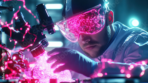 lab technician in protective gear examines glowing substance under microscope, showcasing