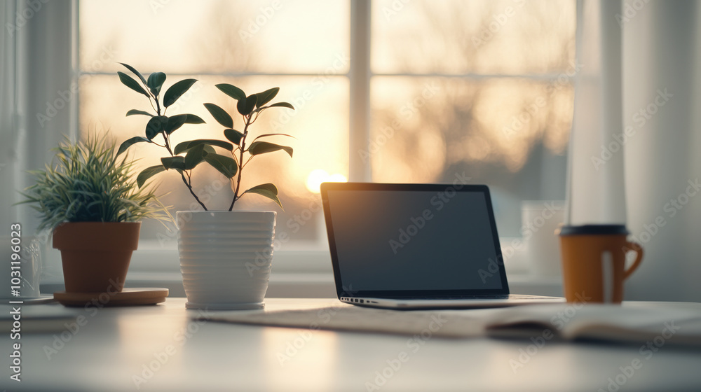 cozy home office setup with laptop, plants, and warm sunlight cozy home office setup with laptop, plants, and warm sunlight