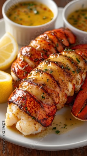 Indulgent seafood cuisine - buttery lobster tail with sauce for gourmet dining and culinary photography photo