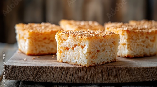 Miso glazed black cod with sesame topping on rustic wooden board – culinary delight for food photography and design