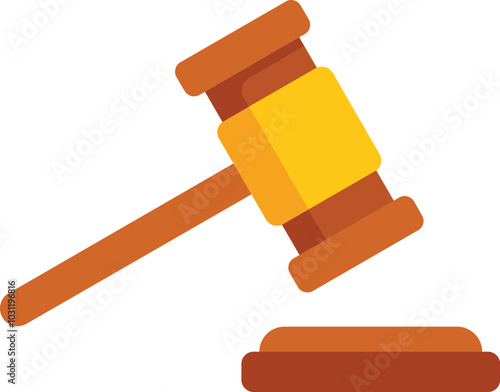 This vector illustration features a wooden judge's gavel striking a sound block, symbolizing the act of making a final decision